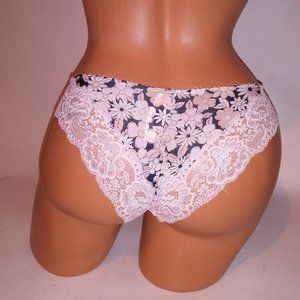 Victoria Secret Panty XS Pink Gray Floral Cheekini‎ Lace Trim New